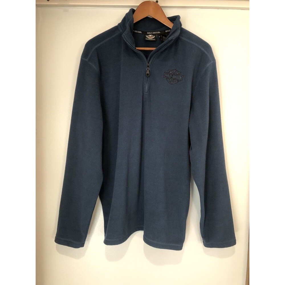 Harley Davidson Motorcycle 1/4 Zip Fleece Pullover Stitched Logo Blue Mens L EUC